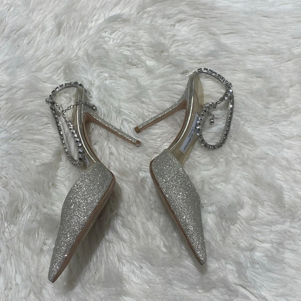 New Jimmy Choo Saeda 100 Platinum Ice‎ dusty glitter pumps size 38EU